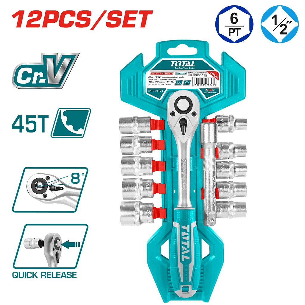 TOTAL - THT141121 - Cle a cliquet 1/2" et jeu de douilles