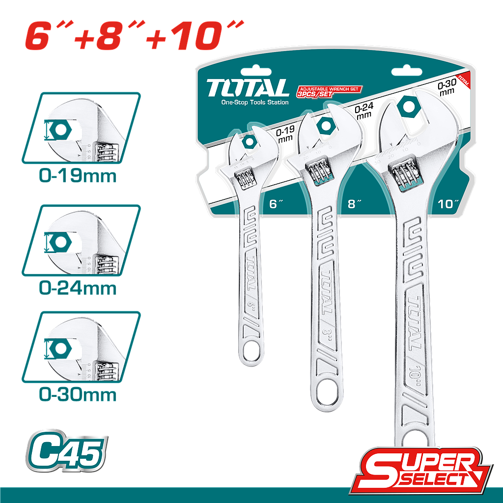 TOTAL - THTK1013 - Jeu de 3 clés à molette - 6" 8" 10"