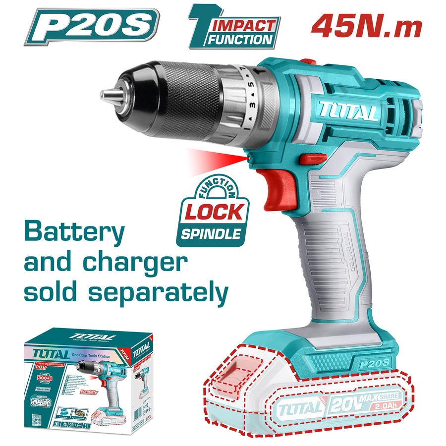 TOTAL - TIDLI201455 - Perceuse à percussion 20V - 45Nm Ø10mm