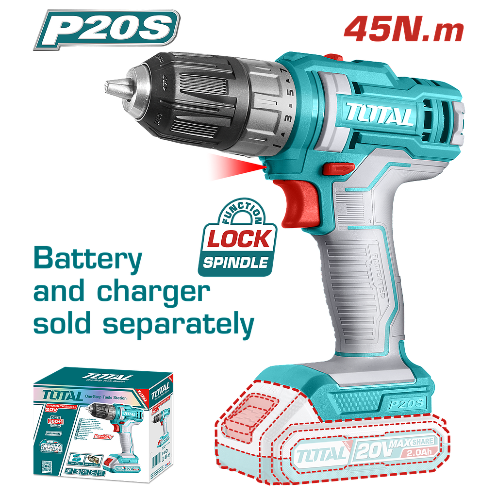TOTAL - TDLI200515 - Perceuse sans fil sans percussion 20V - 45Nm Ø10mm