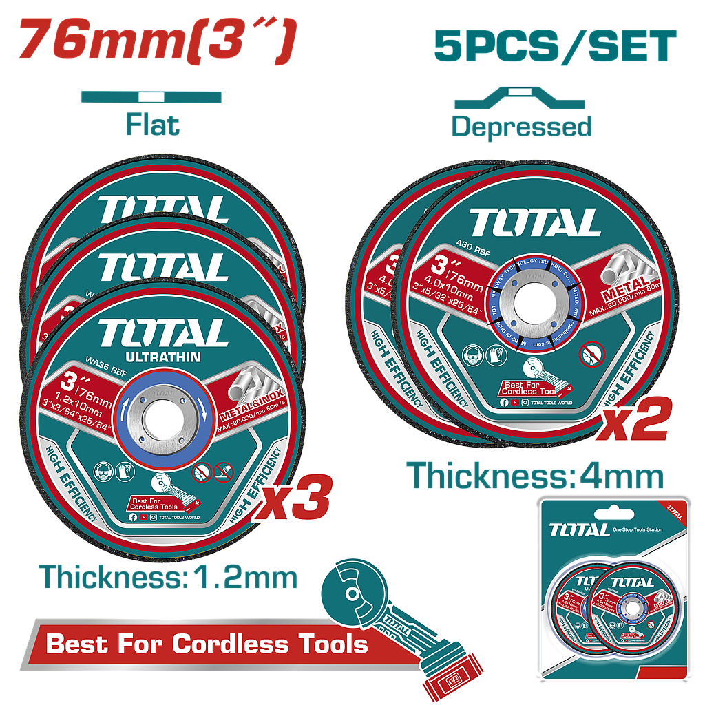 TOTAL - TAC303768 - Kit de disques Ø76mm à meulage et à couper abrasif - 5PCS