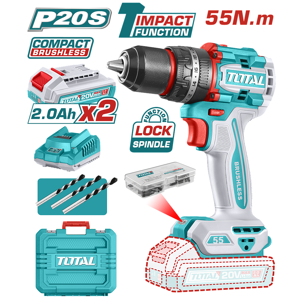 TOTAL - TIDLI20558 - Perceuse à percussion sans balais 20V - 55Nm Ø13mm