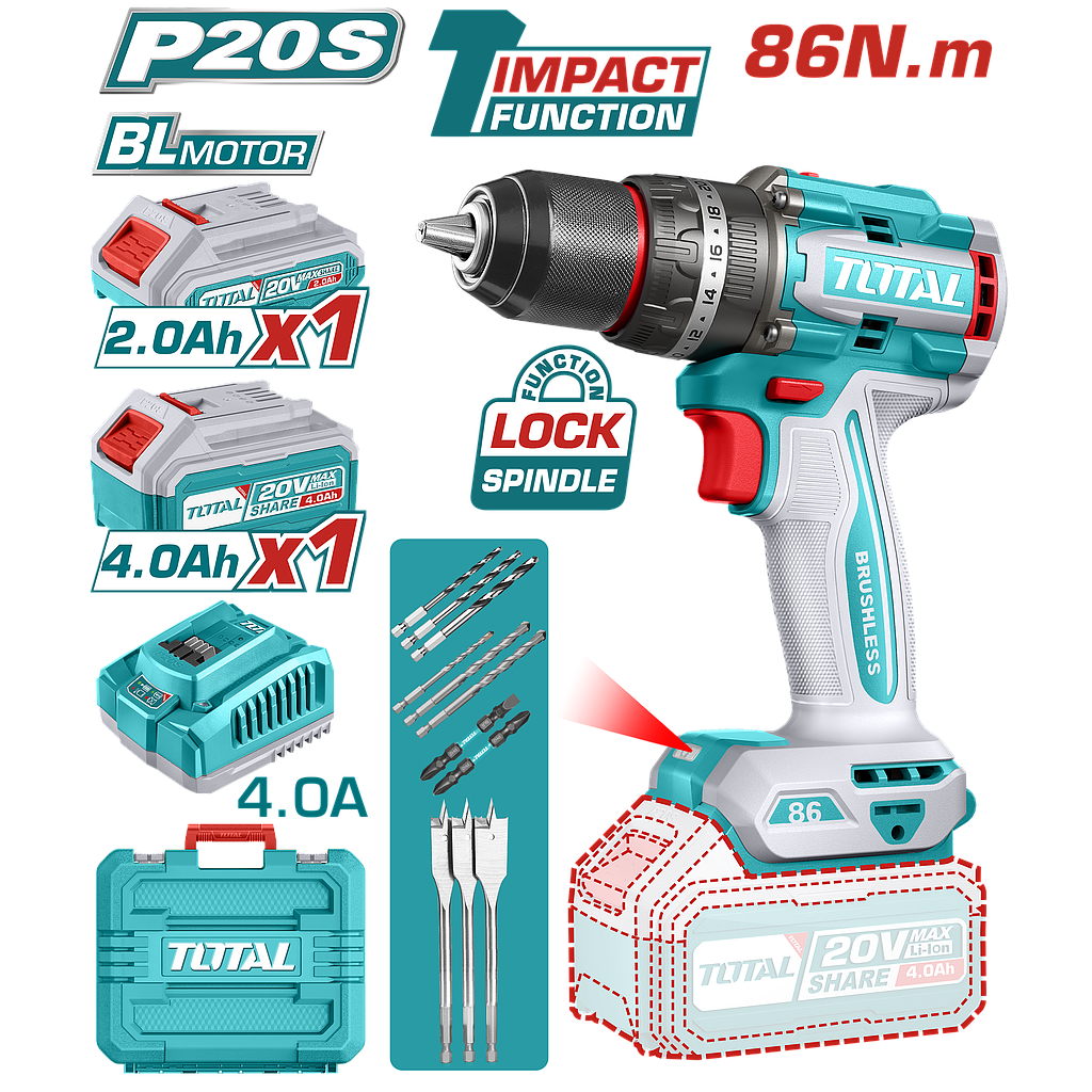 TOTAL - TIDLI20868 - Perceuse à percussion sans balais 20V - 86Nm Ø13mm