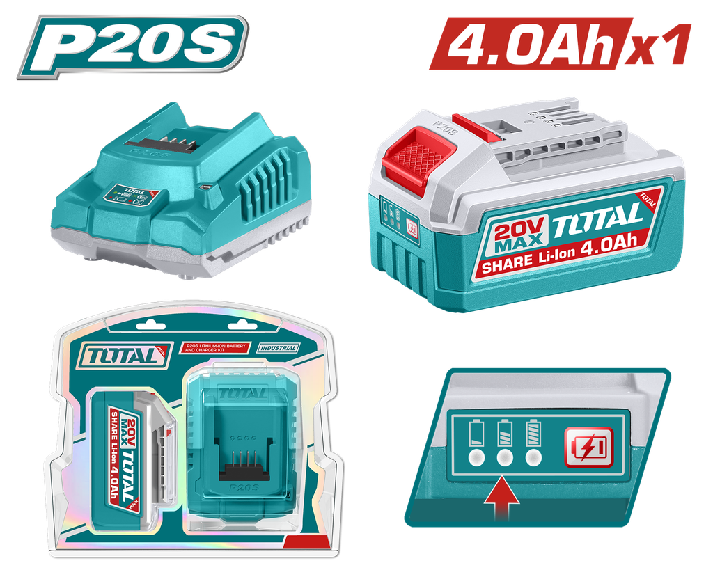 TOTAL - TFBCPK1012 - Kit batterie 20V 4.0Ah et chargeur