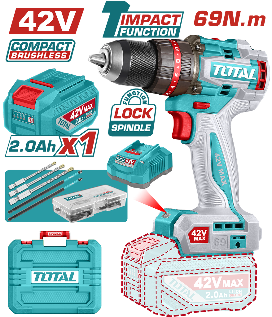 TOTAL - TIDLI426981 - Perceuse à percussion 42V - 69Nm Ø13mm