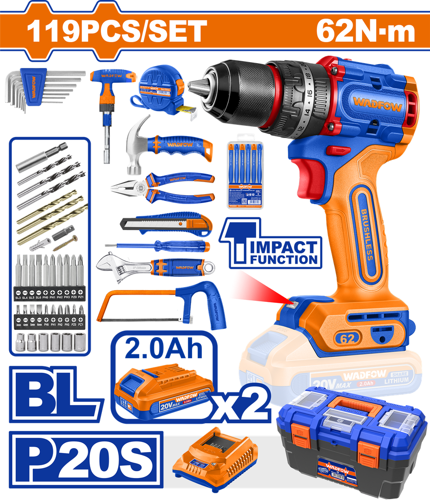 WDF - WDT4B119 - Mallette à outils 119 pcs avec perceuse 62Nm