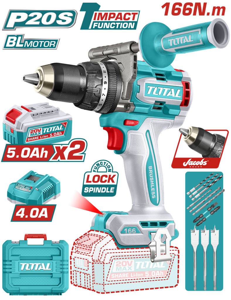 TOTAL - TIDLI201668 - Perceuse à percussion sans balais 20V - 166Nm Ø13mm