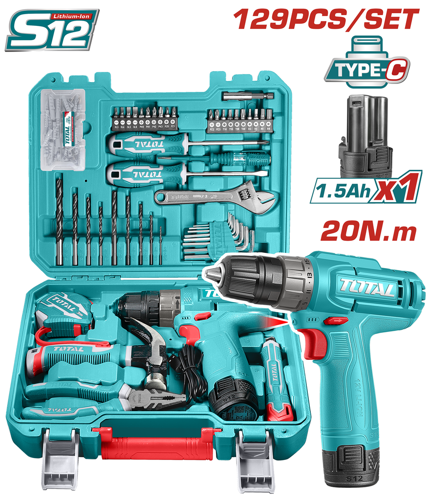 TOTAL - THKTHP11292 - Mallette à outils 129 pcs perceuse 12V
