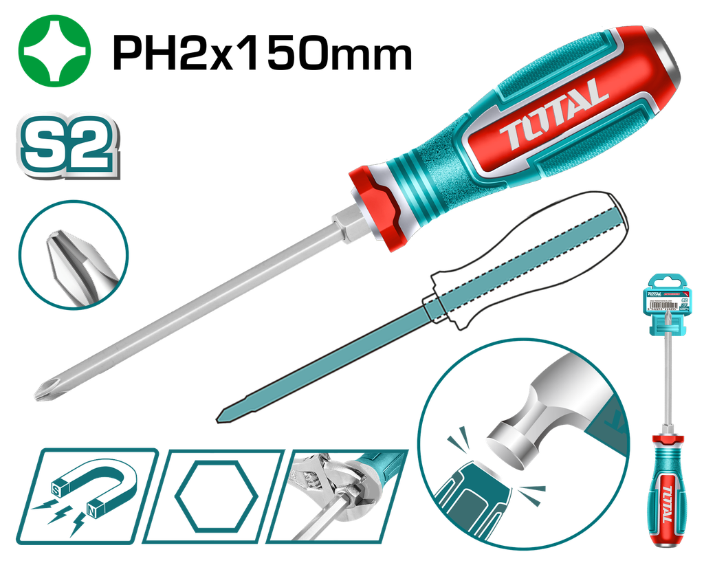 TOTAL - TGTPH2150 - Tournevis Phillips - PH2x150mm (Plaque arrière de frappe)