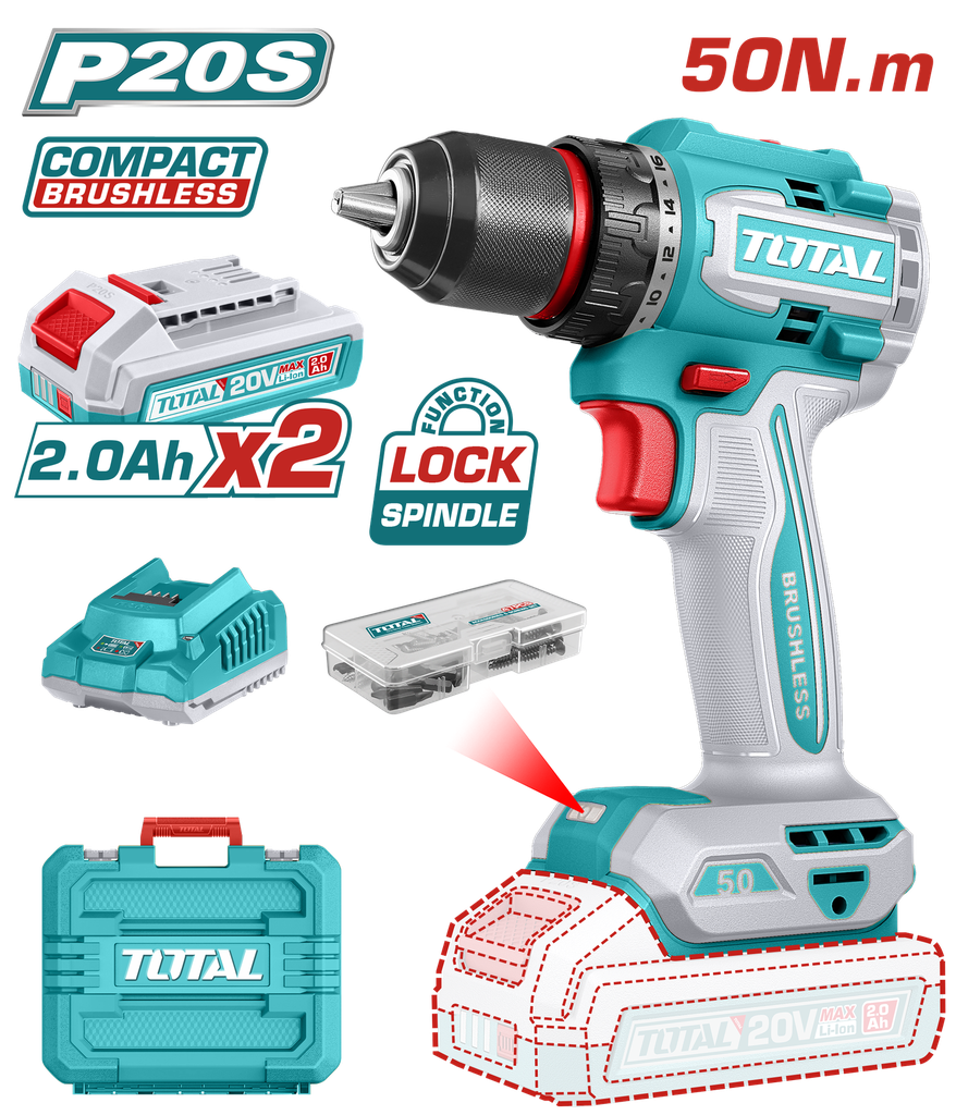TOTAL - TDLI205062 - Perceuse sans percussion 20V - 50Nm Ø13mm