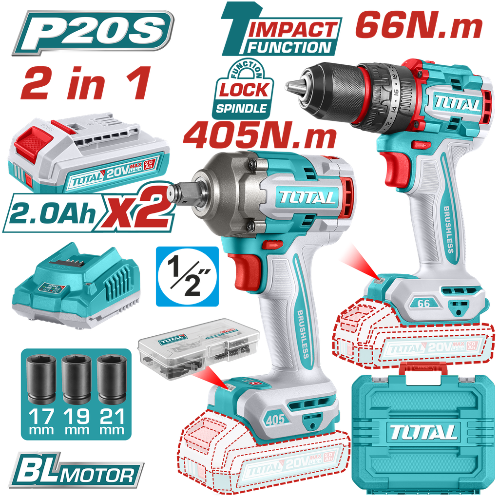 TOTAL - TCKLI20286 - Combo perceuse 66Nm et cle a choc 405Nm