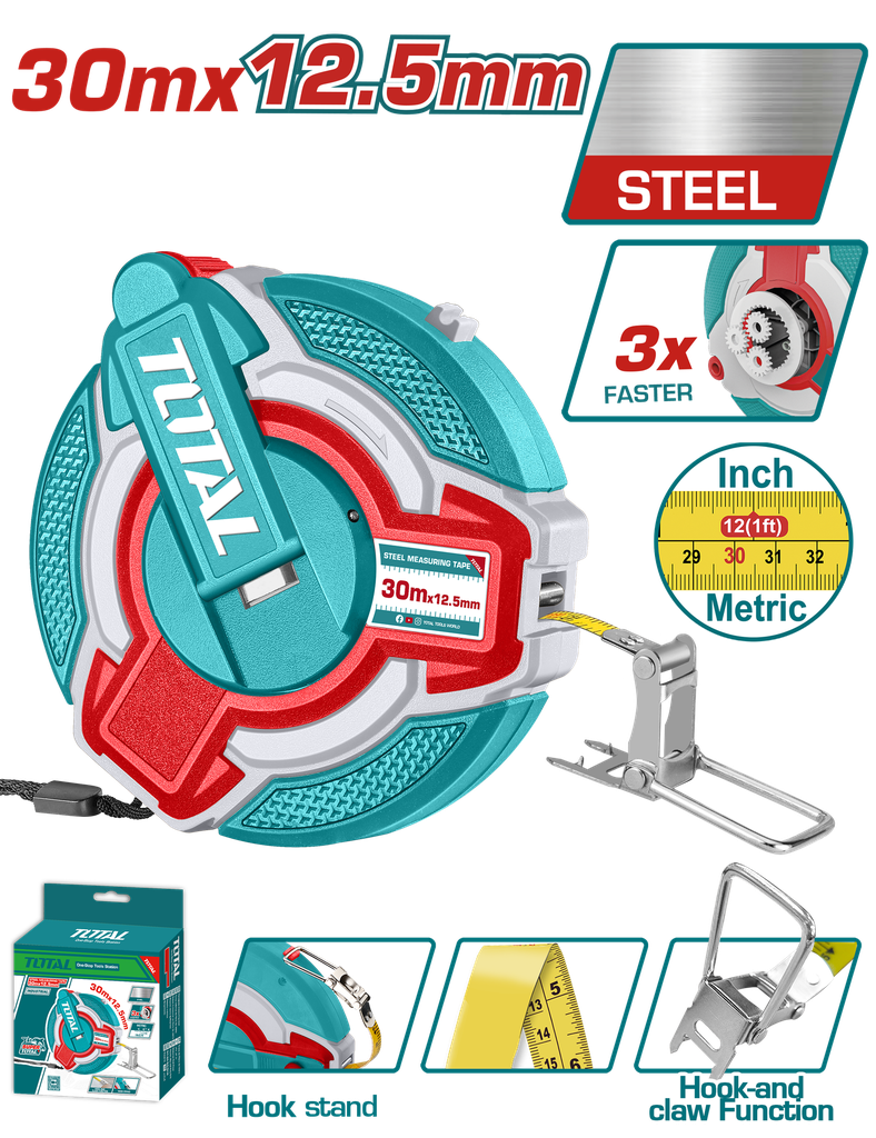 TOTAL - TMT08306 - Decametre en acier 30mx12.5mm