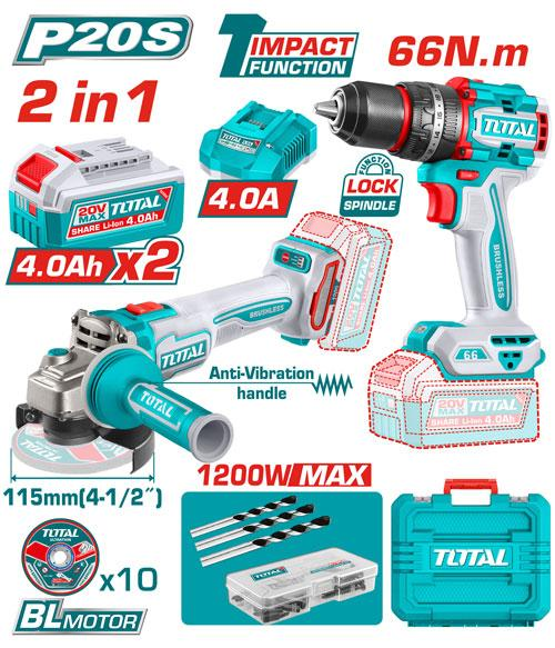 TOTAL - TCKLI20256 - Combo 20V perceuse 66Nm et Meuleuse Ø115mm