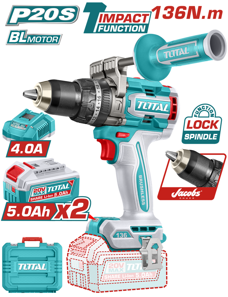 TOTAL - TIDLI201368 - Perceuse à percussion sans balais 20V - 136Nm Ø13mm