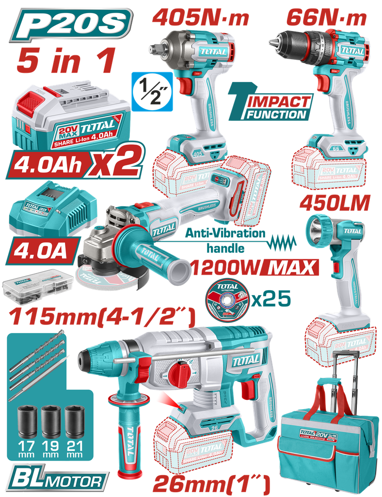 TOTAL - TCKLI20595 - Combo 20V perceuse 66Nm et Meuleuse Ø115mm 5-1