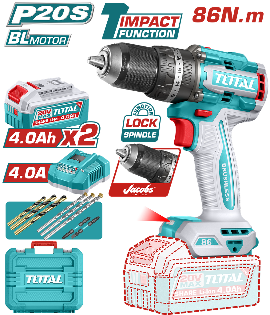 TOTAL - TIDLI208689 - Perceuse à percussion sans balais 20V - 86Nm Ø13mm