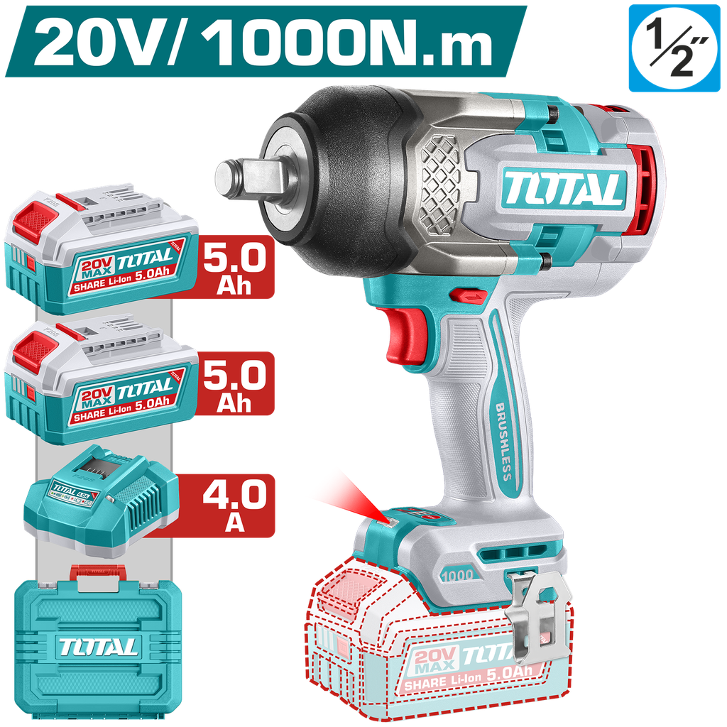 TOTAL - TIWLI20100 - Clé à choc 1/2" - 20V 1150Nm