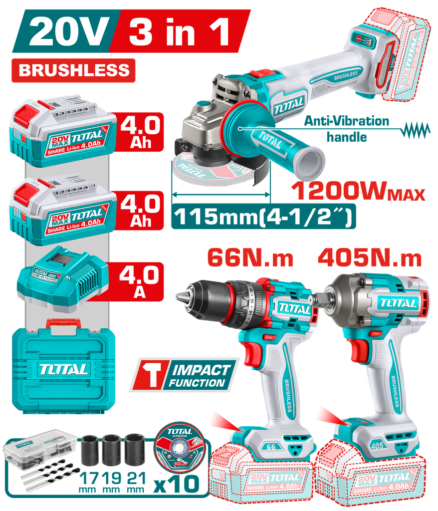 TOTAL - TCKLI20358 - Combo Perceuse 66Nm et Meuleuse Ø115mm Boulonneuse 405Nm