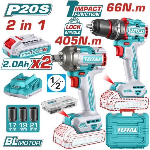 [TCKLI20286] TOTAL - TCKLI20286 - Combo perceuse 66Nm et cle a choc 405Nm