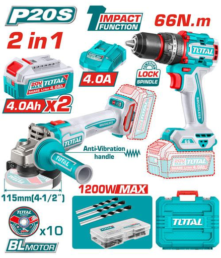 [TCKLI20256] TOTAL - TCKLI20256 - Combo 20V perceuse 66Nm et Meuleuse Ø115mm
