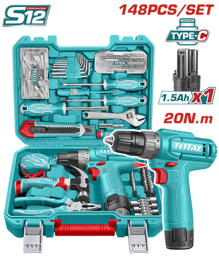 [THKTHP41487] TOTAL - THKTHP41487 - Mallette à outils 148 pcs perceuse 12V