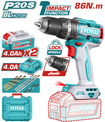 [TIDLI208689] TOTAL - TIDLI208689 - Perceuse à percussion sans balais 20V - 86Nm Ø13mm
