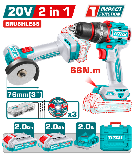 [TCKLI20255] TOTAL - TCKLI20255 - Combo Meuleuse d'angle sans fil Ø76mm 20V