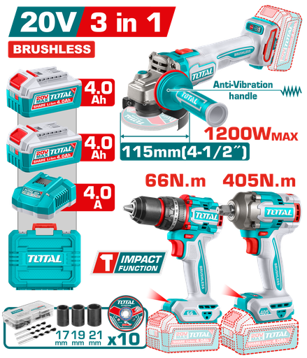 [TCKLI20358] TOTAL - TCKLI20358 - Combo Perceuse 66Nm et Meuleuse Ø115mm Boulonneuse 405Nm